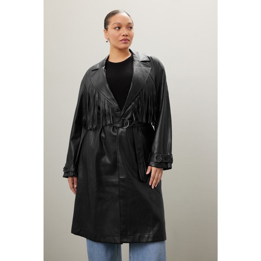 Jason Wu Black Vegan Faux Leather Fringed Tie Waist Long Trench Coat Size XL - Picture 4 of 16